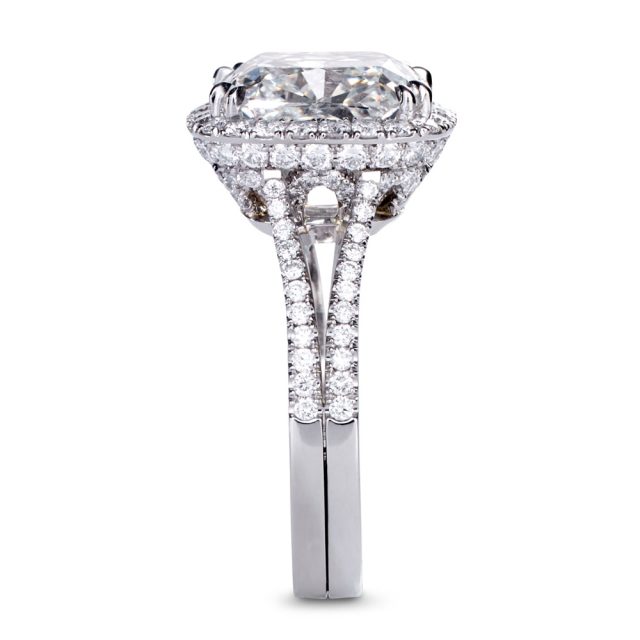 5 ct. cushion cut diamond ring in platinum with split shank