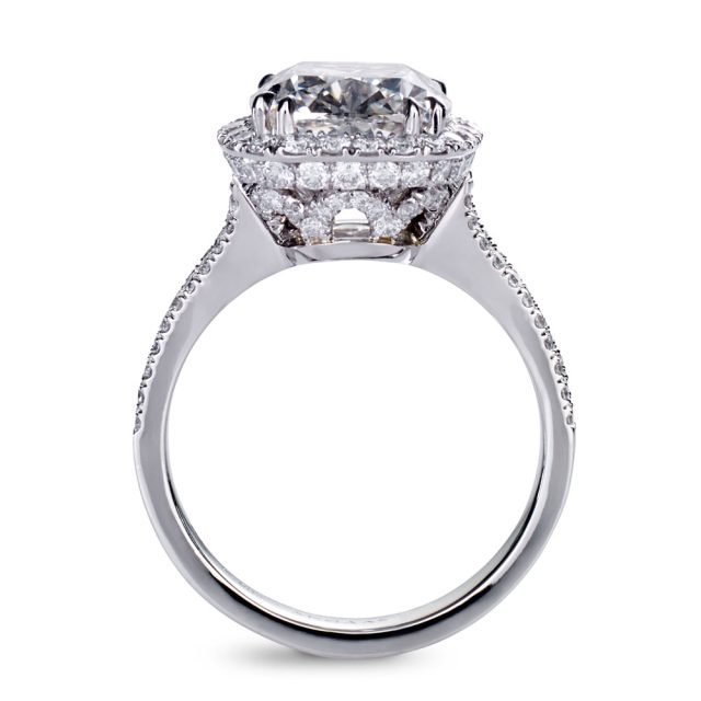 5 ct. cushion cut diamond ring in platinum with split shank