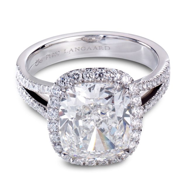 5 ct. cushion cut diamond ring in platinum with split shank