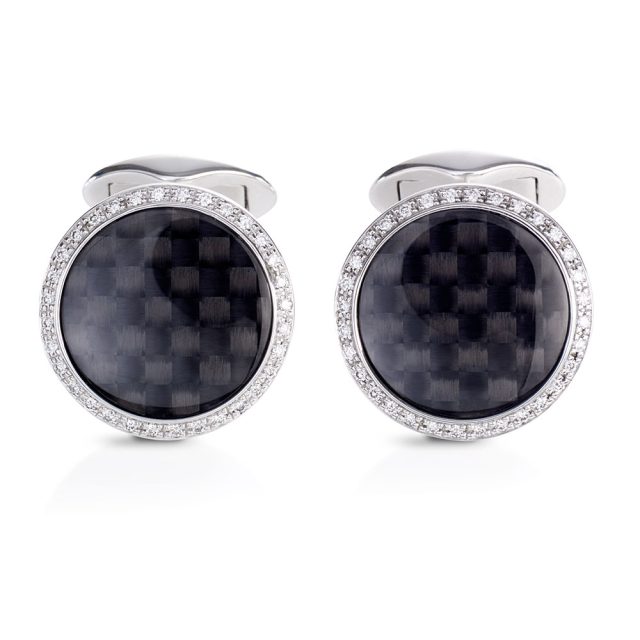 Round cufflinks in white gold with carbon, rock crystal quartz and white diamonds