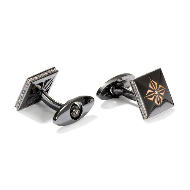 Shamballa square SOS cufflinks in black rhodium rose gold and diamonds