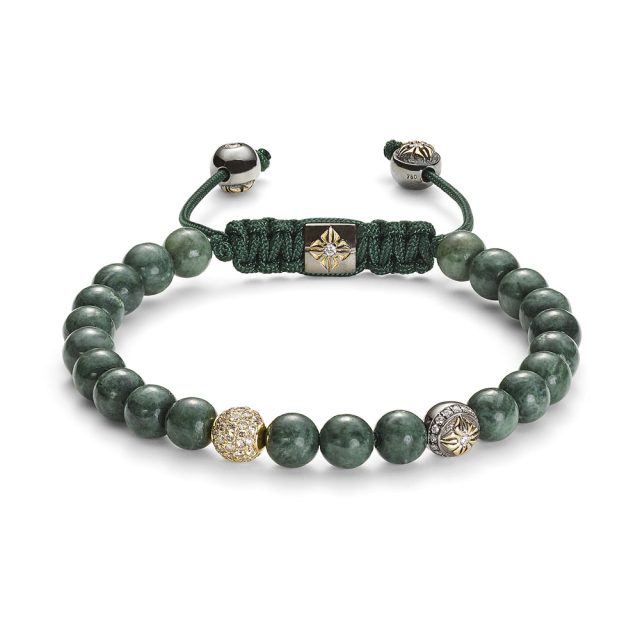Shamballa 6mm armbånd i gult gull med champagnefargede diamanter og grønn marmor