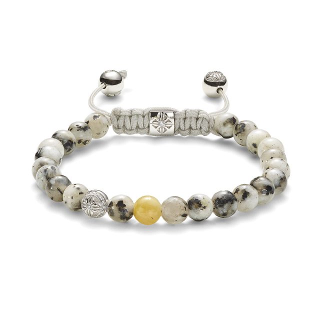 Shamballa 6mm non-braided bracelet in white gold, diamonds, granite and yellow sapphire