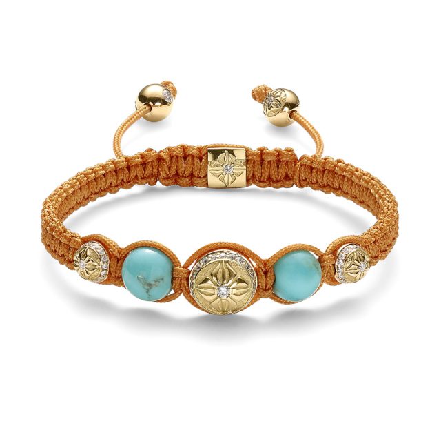 Shamballa macrame bracelet in yellow gold with diamonds and turqouise