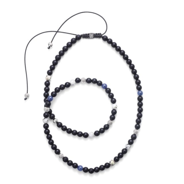 Shamballa kjede i hvitt gull med onyx, safir og hvit granitt