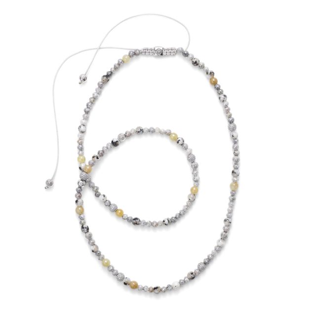 Shamballa chain in white gold with diamonds, white granite and yellow sapphires