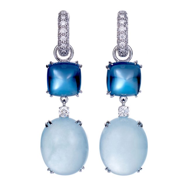 Creol earrings in white gold with white diamonds, milky aquamarine and London blue topaz