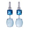 Creol earrings in white gold with white diamonds, milky aquamarine and London blue topaz