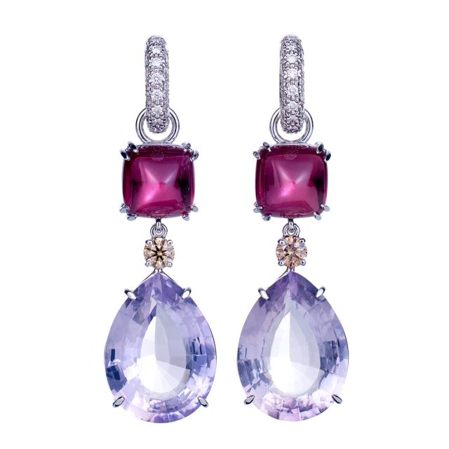 Creol collection earrings in white gold with amethyst, rhodolite garnet and diamonds