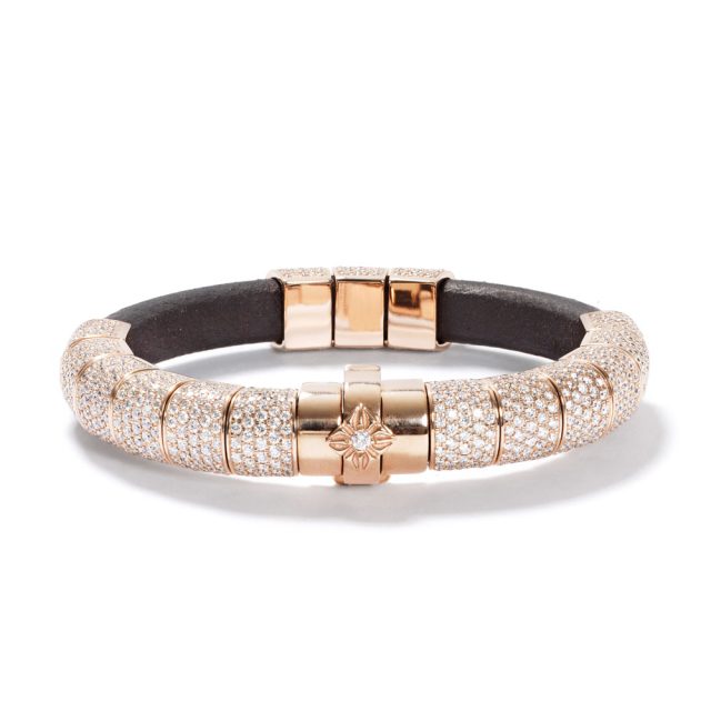 Shamballa big Korne bracelet in rose gold, leather and white diamonds