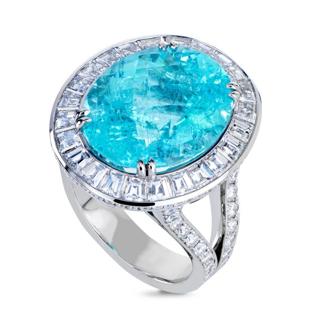 Paraiba tourmaline and white diamond ring in platinum