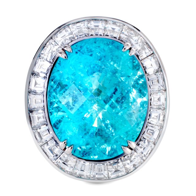 Paraiba tourmaline and white diamond ring in platinum