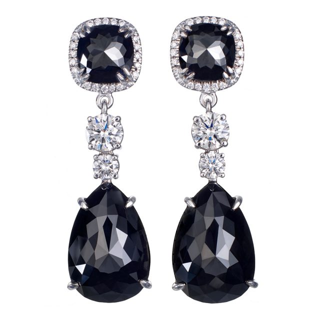 Rose cut black and brilliant cut white diamond earrings
