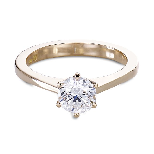 6-klørs forlovelsesring i roségull med briljantslipt diamant