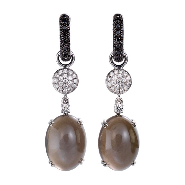 Creol collection earrings in white gold with white diamonds, moonstones and black diamonds