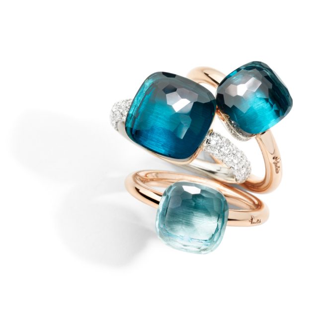 NUDO rings in rosé and white gold with diamonds and London blue Topaz