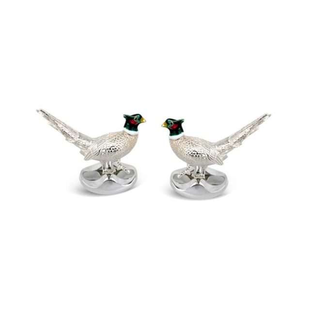 Pheasant bird cufflinks in silver with enamel