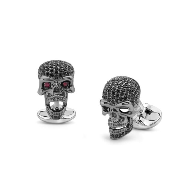 Scull cufflinks in silver with black spinel and ruby eyes
