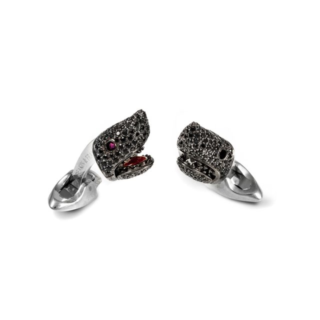 Shark head cufflinks in silver with black spinel and ruby eyes