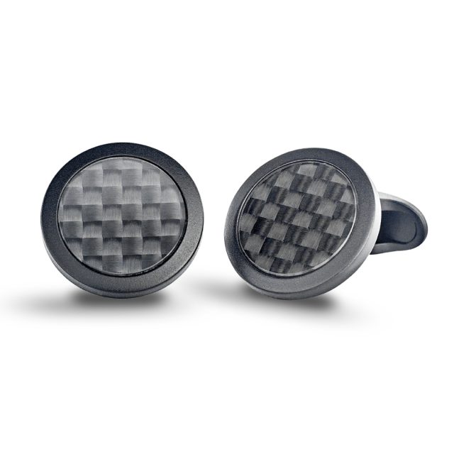 Round cufflinks in rose gold with matt black coating, carbon and rock crystal quartz