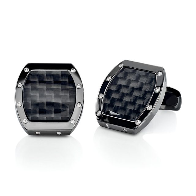 Black coated cufflinks in rose gold with carbon, rock crystal and diamonds