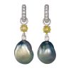 Creol earrings in white gold with gray and yellow diamonds and Tahithian pearls