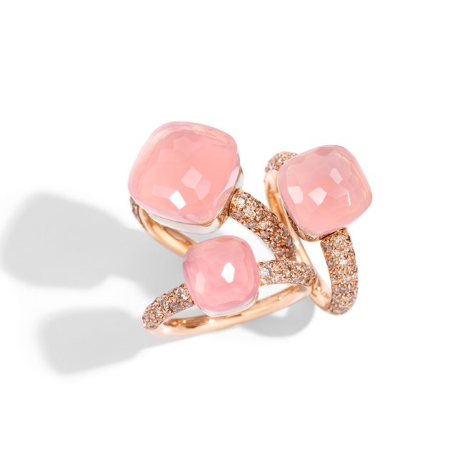 NUDO ringer i roségull med rosenkvarts og champagnefargede diamanter