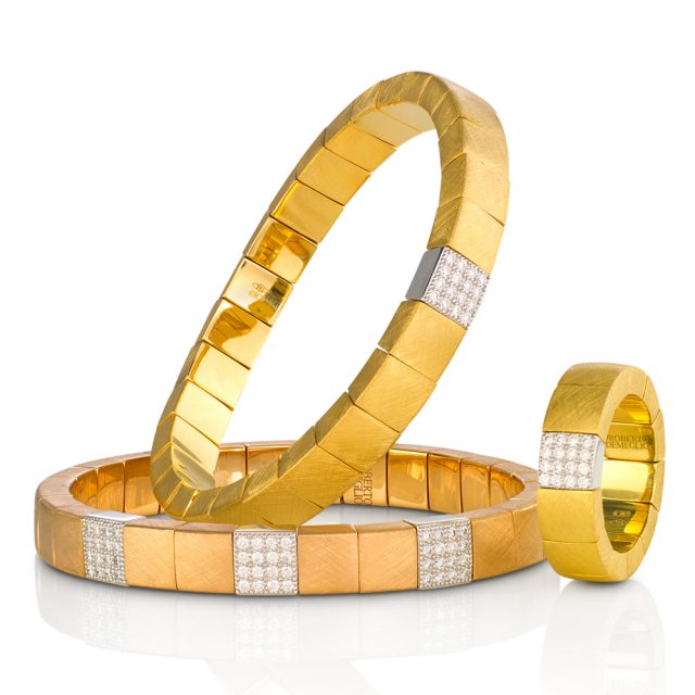 Satin finish gold bracelets and ring with diamonds