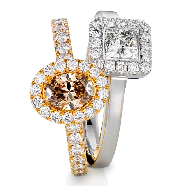 MILESTONE ringer i gult og hvitt gull med champagne og hvite diamanter