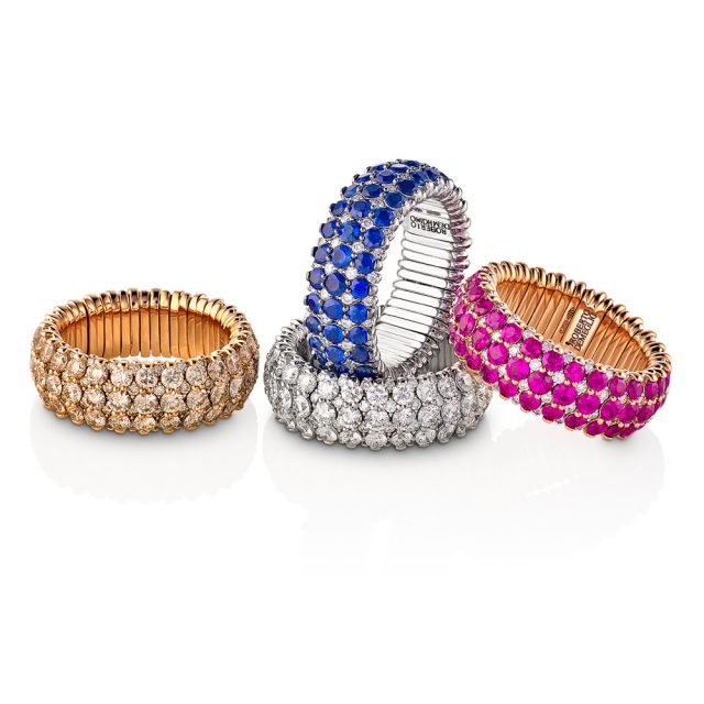Giotto stretch ringer i gull med diamanter og edelstener