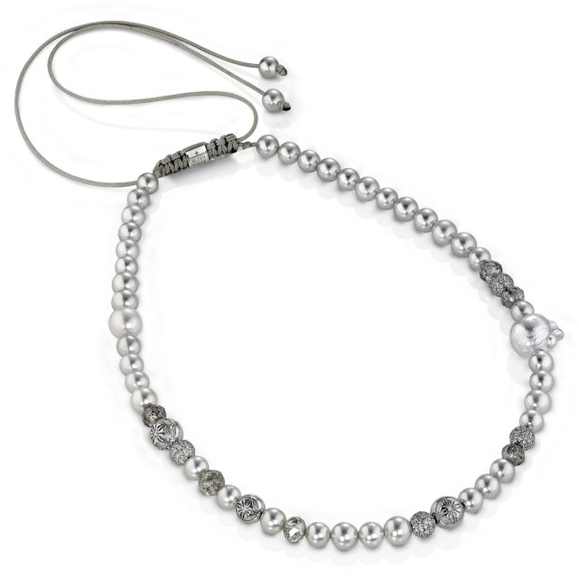 Shamballa necklace with pearls, diamonds and white gold