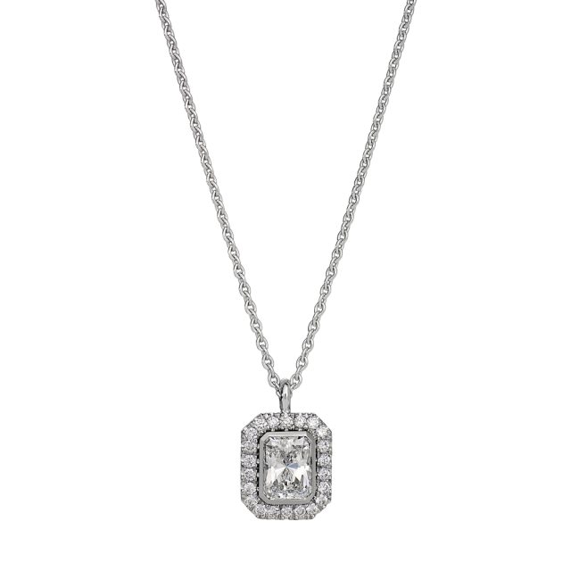 Exclusive anheng i hvitt gull med radiantslipt diamant